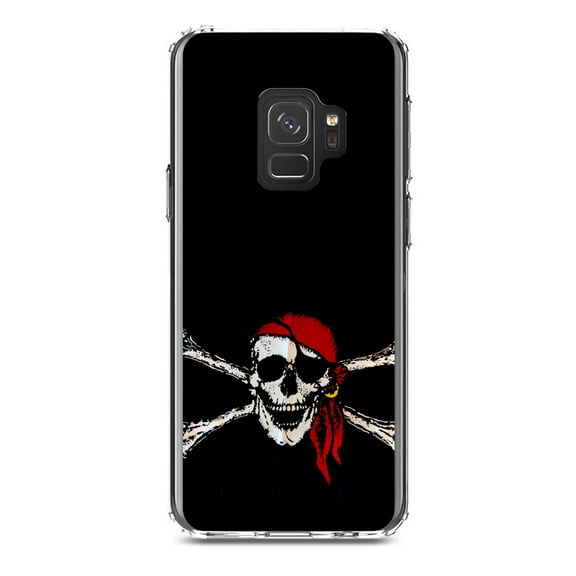 DistinctInk Clear Shockproof Hybrid Case for Samsung Galaxy S9 (5.8" Screen) - TPU Bumper, Acrylic Back, Tempered Glass Screen Protector - Black Red Pirate Flag