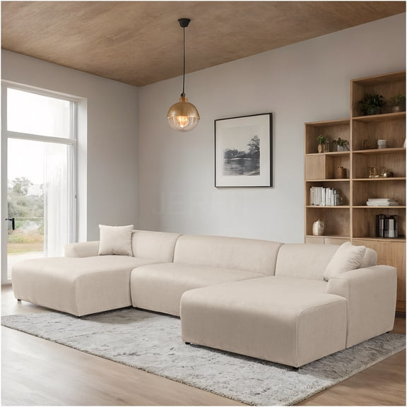 JERFIT Modern U-Shaped Sectional Sofa with Chaise, Cream Corduroy Fabric, Corner Couch for Living Room