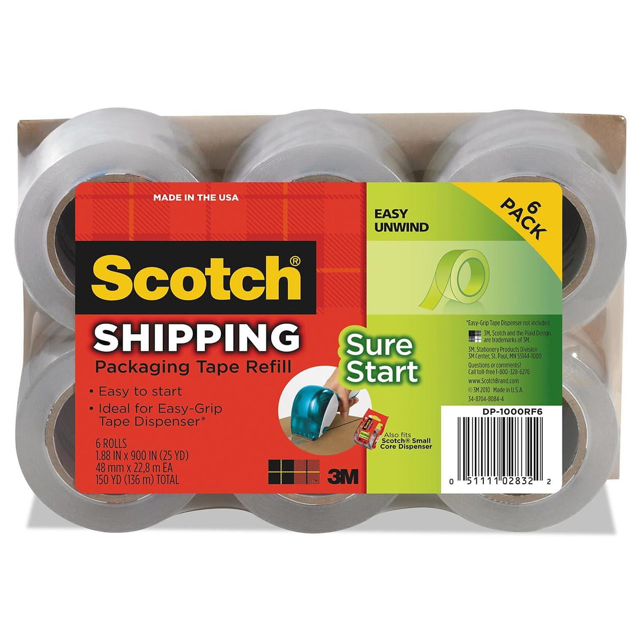 Scotch Refill Rolls for DP1000 Easy Grip Tape Dispenser, 1.88" x 25yds 6/Pack