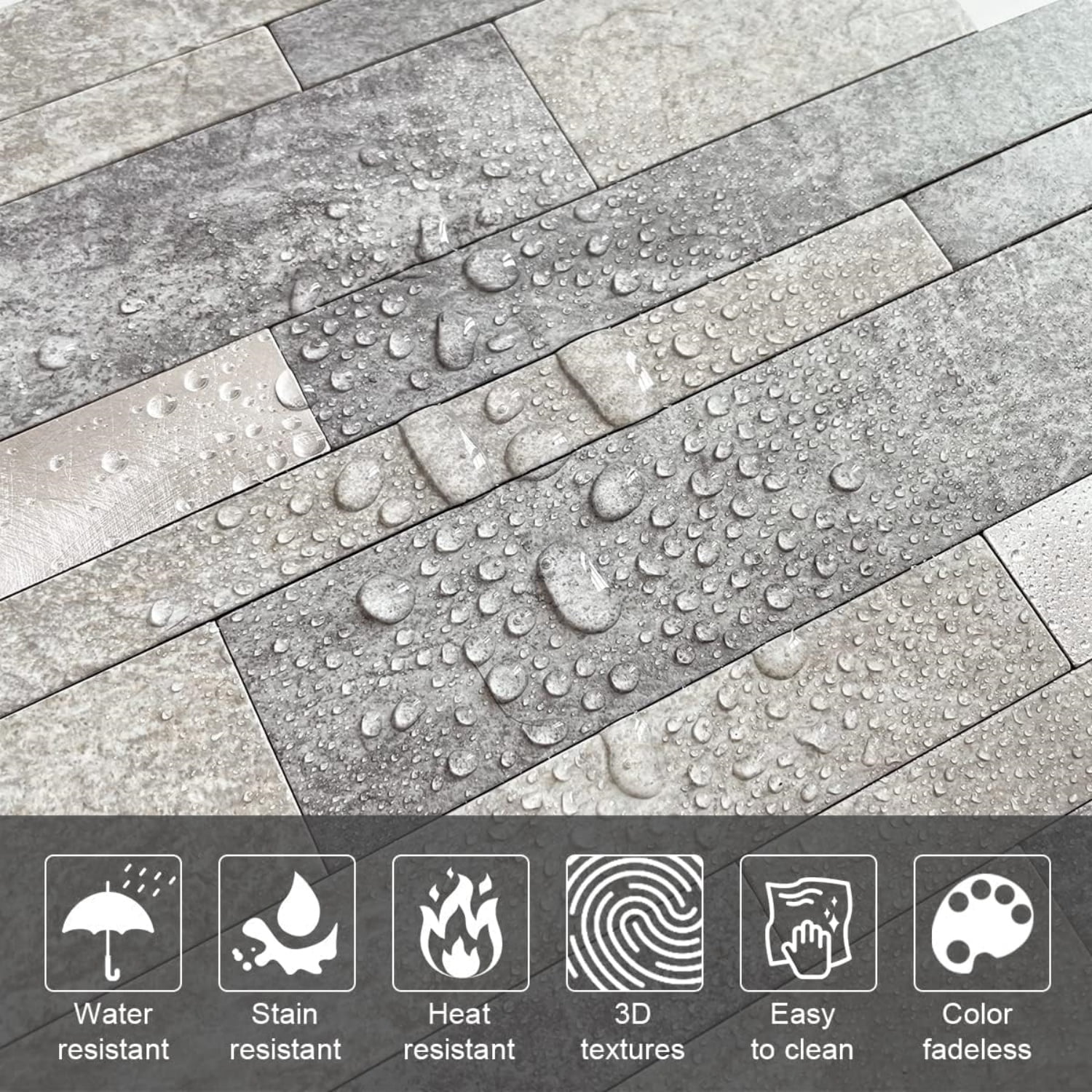 Backsplash Tile Peel and Stick Kitchen Stone Subway Linear Mosaic Bathroom Shower Wall Waterproof(10pcs,Gray)