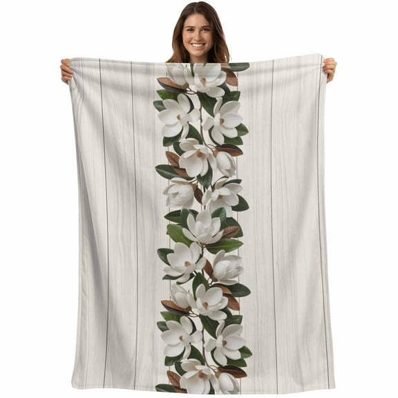 Flannel Fleece Throw Blanket Magnolia Plant Flower Lightweight Soft Plush Blankets,Farm Vintage Wood Grain Cozy Warm Throw Blanket for Couch Sofa Bed Car Office All Season Use 40x50in
