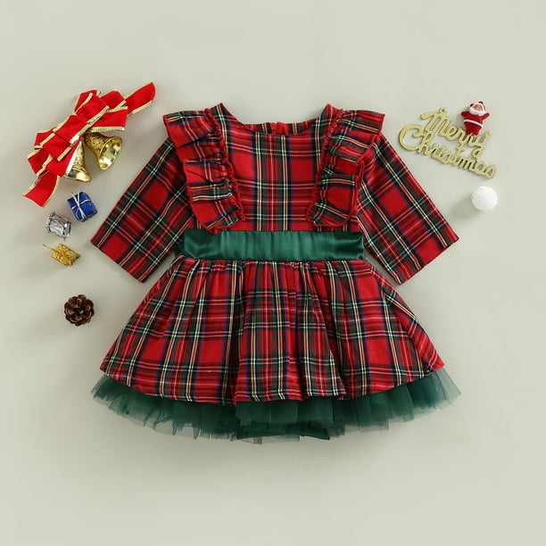 Gupgi Toddler Baby Girl Plaid Christmas Dress Long Sleeve Ruffled Tulle A Line Dress 6m 4t Red