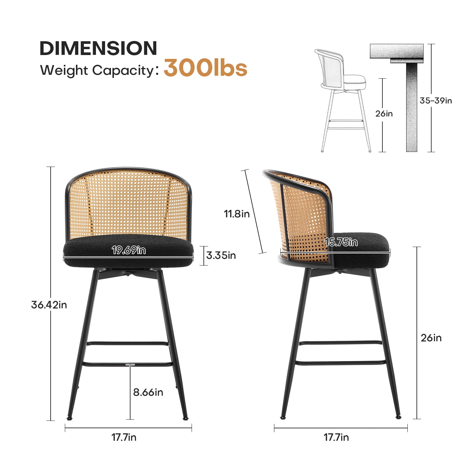 ANMINY Rattan Swivel Bar Stools Set of 2, 26" Counter Height with Rattan Back and Metal Legs, Mid-Century Modern Armless Boucle Fabric Barstools Seat, Upholstered Counter Stools for Kitchen Island