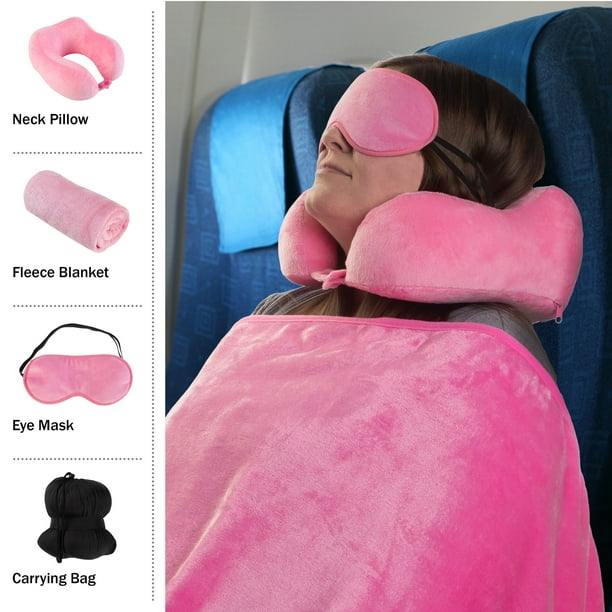 Home Complete Travel Neck Pillow Set with Fleece Blanket and Eye Mask Pink