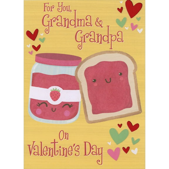 Designer Greetings Smiley Faced Jar of Strawberry Jam and Slice of Bread Juvenile Valentine's Day Card for Grandma and Grandpa
