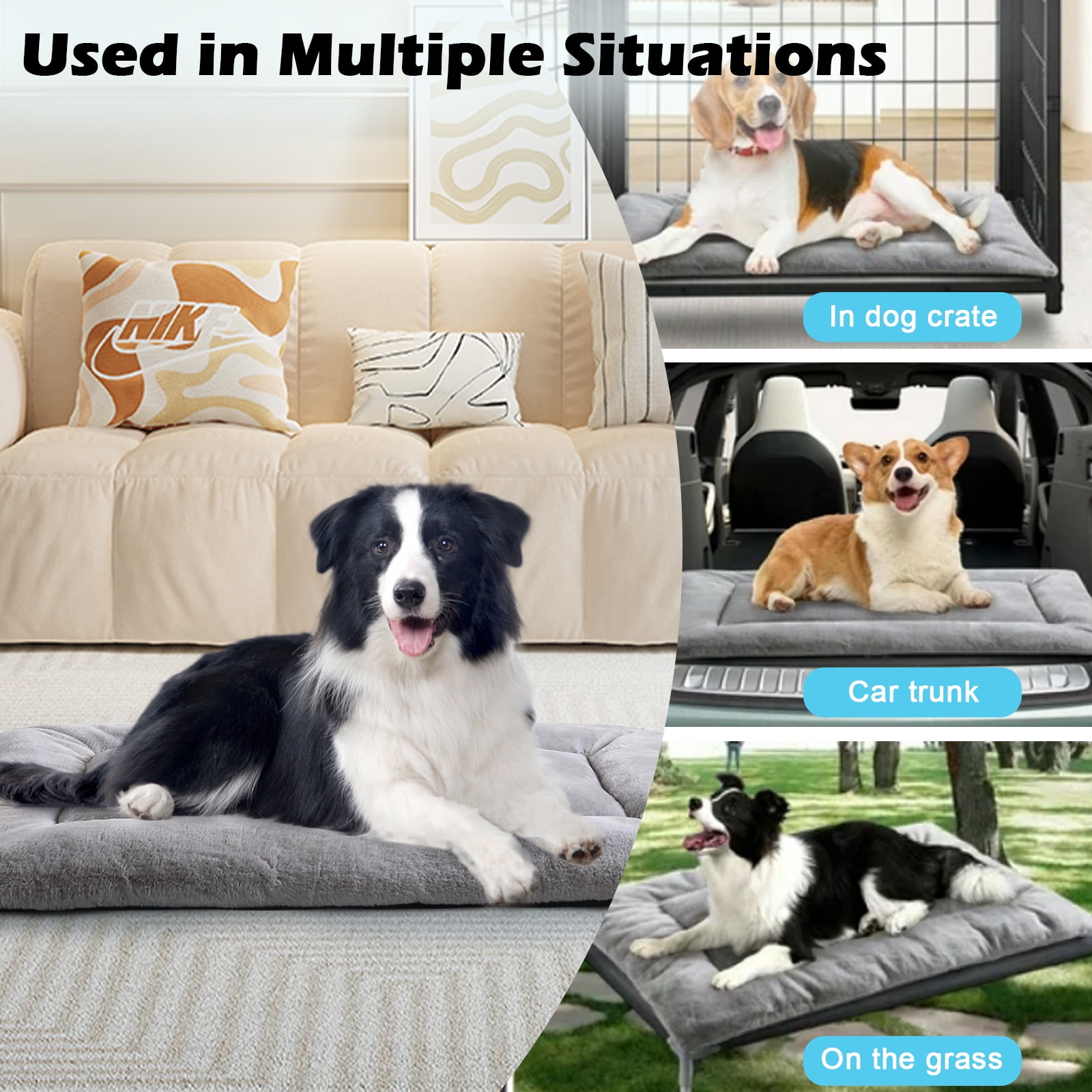 MERITLIFE Plush Washable Dog Bed Ultra Soft Dog Crate Mat Kennel Pad Anti-Slip Pet Sleeping Bed for Small Medium Large Dogs,Gray 48" x 30"