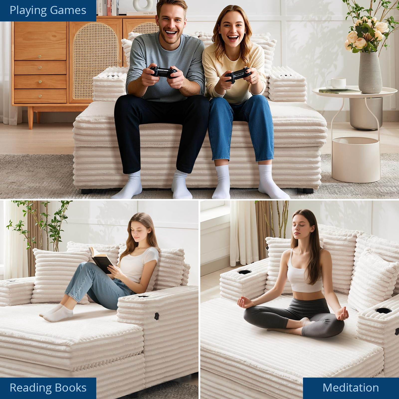 Oversized Corduroy Chaise Lounge Chair with Cup Holder & USB Charging Port, 54" Wide Plush Sofa with High-Density Foam & Supportive Springs for Living Room