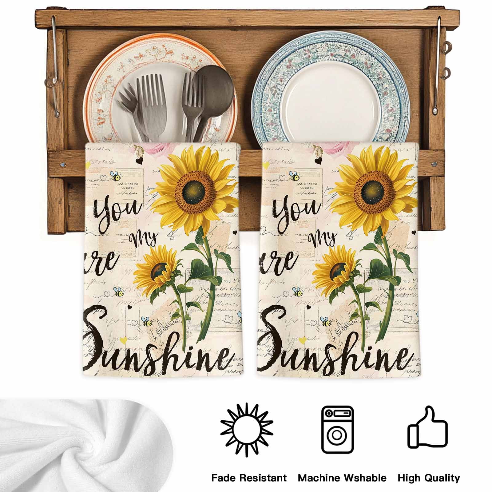 Dish Towels, Bee Sunflower Absorbent Kitchen Towels 2 PCS, Vintage You Are My Sunshine Microfiber Hand Towels Dish Cloths Tea Towels for Home&nbsp;Bathroom Cleaning Drying,18X28-Inch,