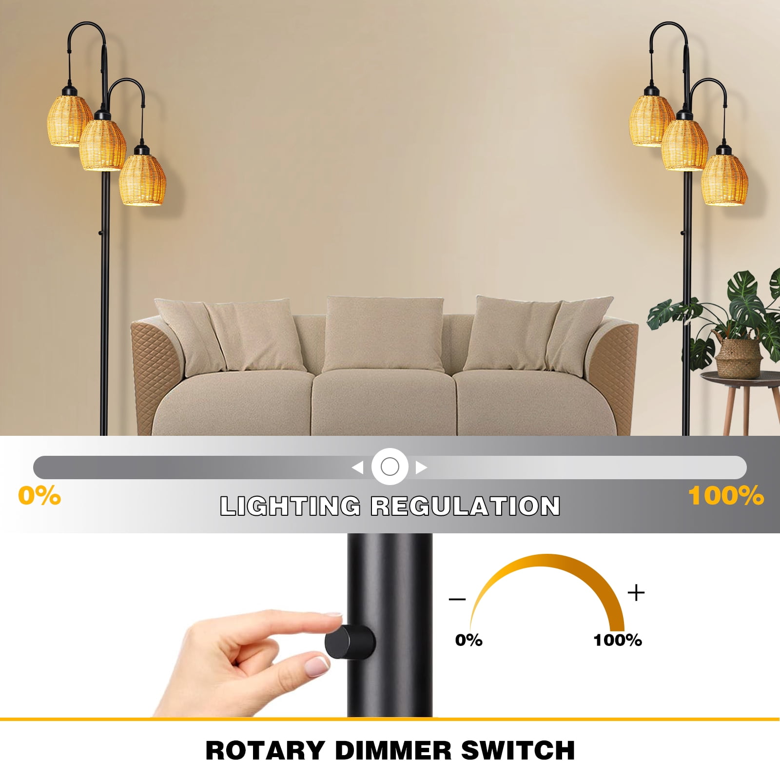 Lambaolom Rattan Boho Floor Lamp: Stepless Dimmable for Living Room, 3-Light Tree Design, Includes 3 Pcs 6W LED Bulbs