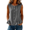 thumbnail image 3 of Luivaraty Tank Tops for Women Soild Color Summer Beach Shirts Comfy Button Crew Neck Ruffle Hem Sleeveless Shirts, S-2XL, 3 of 7
