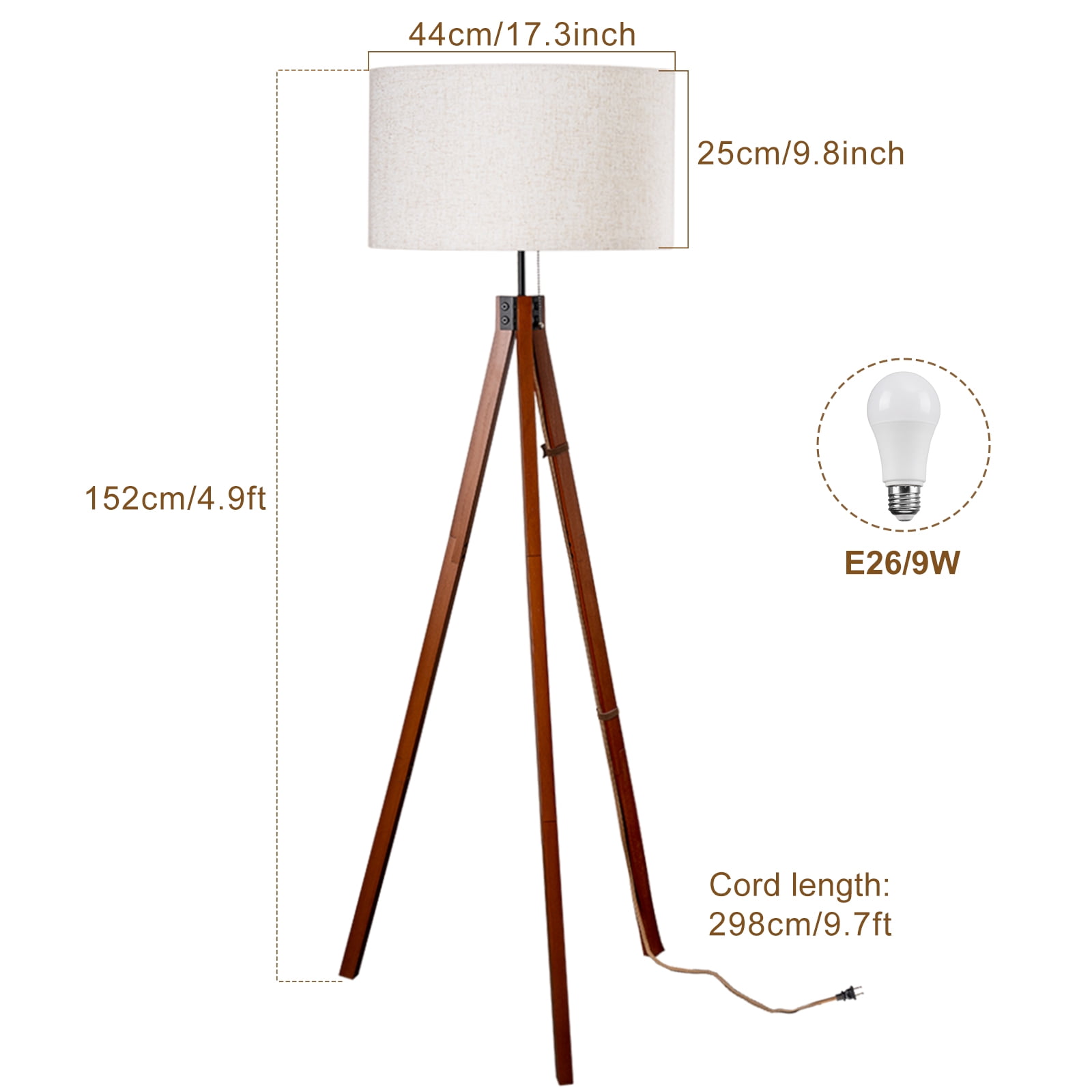 EE Eleven Master Wood Tripod Floor Lamp with 3 Color Temperatures LED Bulb, Mid Century Standing Lamp, Modern Design Tall Light for Living Room, Bedroom and Office, Flaxen Lamp Shade