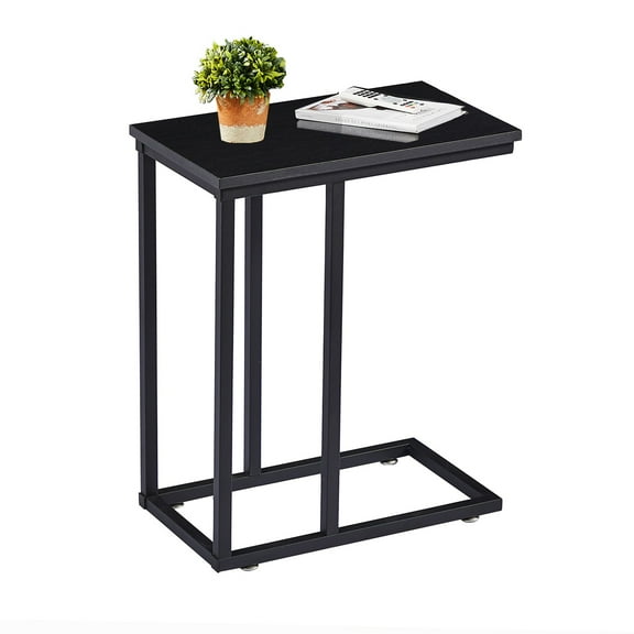 VECELO C-Shaped Sofa Side Table, Wood Narrow End Table with Metal Frame for Living Room/Bedroom/Office, Black