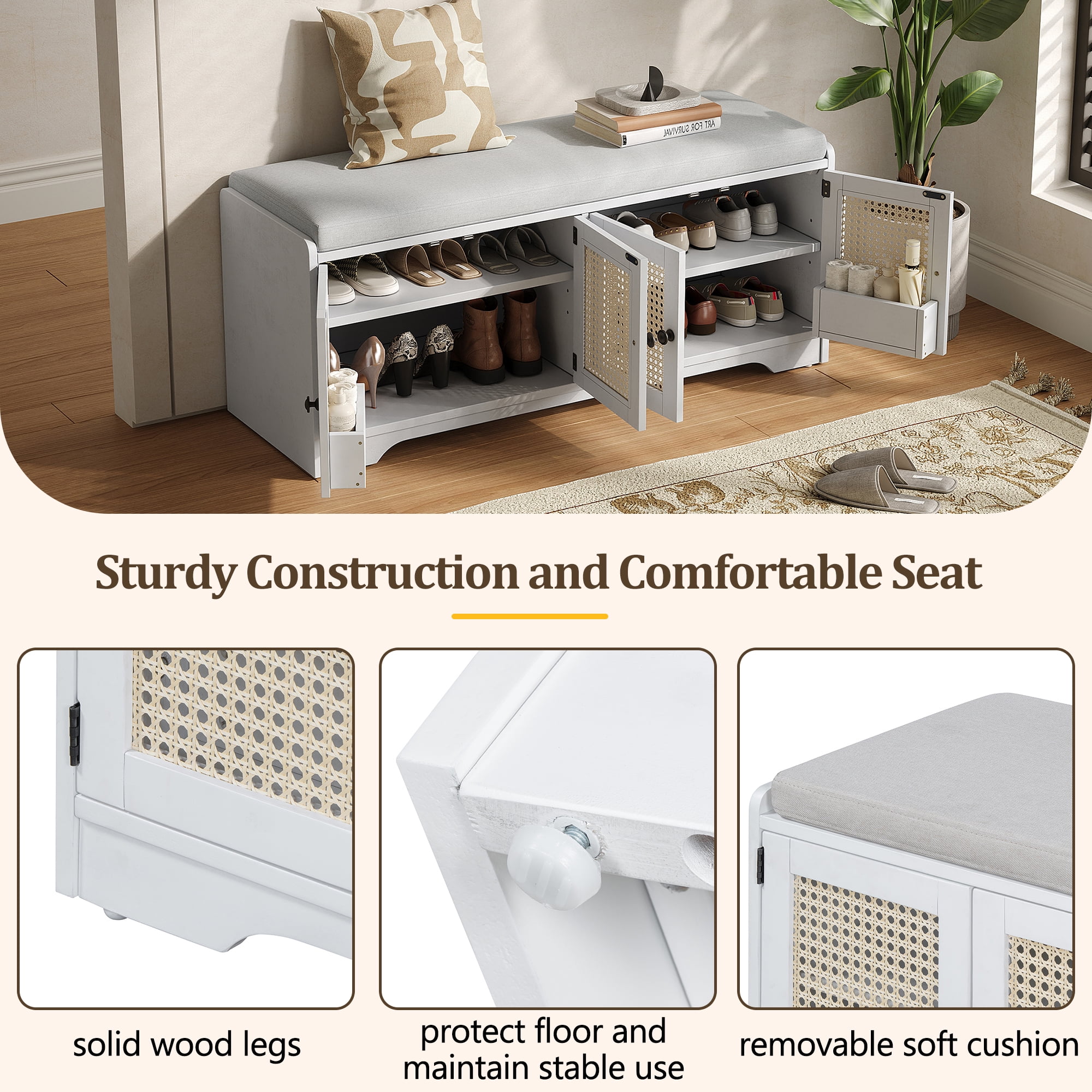 TREXM Rustic Storage Bench Multifunctional Wood Entryway Shoe Bench with Removable Cushion, Woven Rattan Doors & Adjustable Shelves for Hallway, Living Room (White+Beige )
