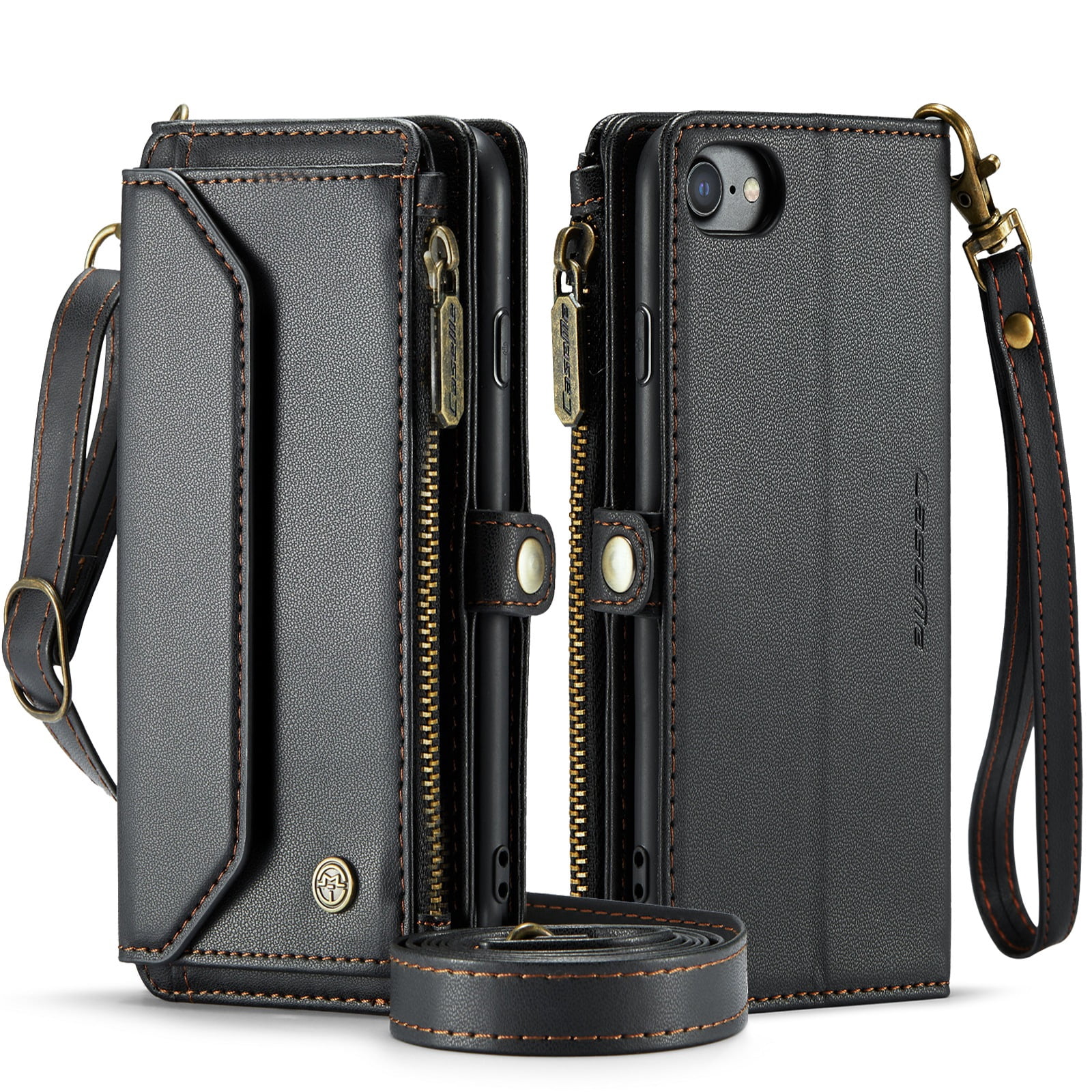 ShellTech Crossbody Wallet Women Men Case for iPhone 7/8/SE 2nd/3rd Gen,Magnetic Leather Flip Case RFID Blocking 7-Card Holder Zipper Wallet Cash Pocket Stand Cover with Shoulder Wrist Strap,Black