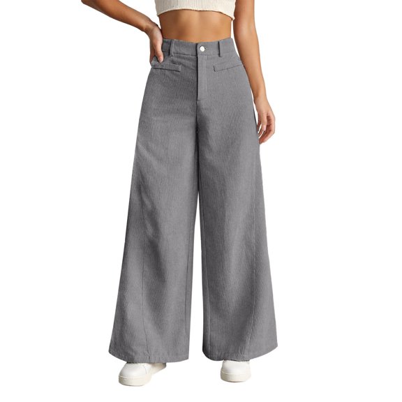 Gaucho Pants for Women Corduroy Wide Leg Palazzo Culottes Bottoms Work Trousers Loose Fit Dressy Casual Office Elastic Waist Women's Fall/Winter Outfits(Grey,XS)