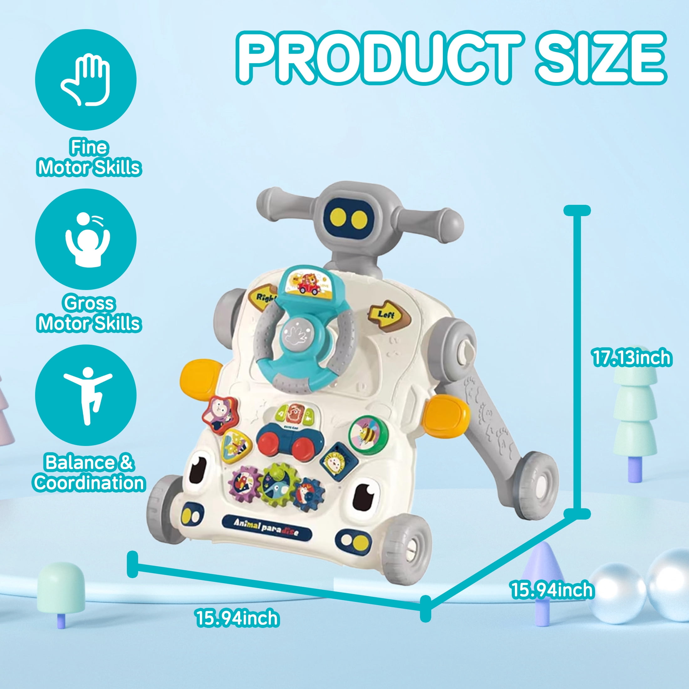 KOPPOP Baby Walker, 3-in-1 Activity Center and Learning Walker Sit-to-Stand Toy with Music & Lights, Foldable Push Toy for Infant Toddler 9+ Months, Grey