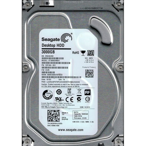 Seagate ST3000DM001 P/N: 1ER166-501 F/W: CC25 3TB Z50 TK Desktop HDD