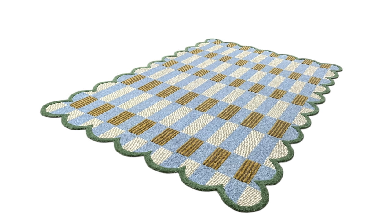 Artcore Matilda Hand Tufted Plaid Wool Area Rug with Scalloped Border, Cotton Backing, Indoor Rug for Living Room & Bedroom, 6 x 9 ft