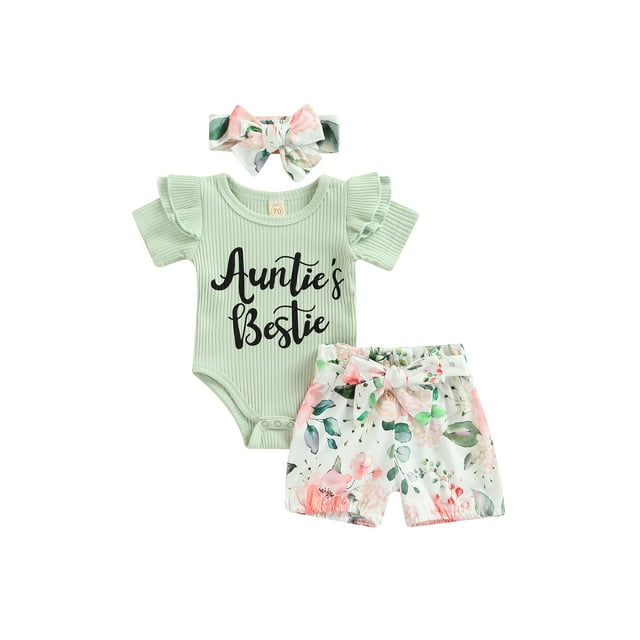 Faithtur Nouveau-Né Filles Trois Pièces Vêtements, Col Rond Manches Courtes Imprimé Romper + Short + Bandeau