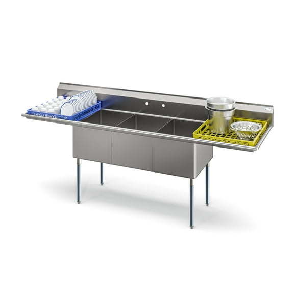 102 in. Three Compartment Commercial Sink Bowl Size 18x24x14 Stainless-Steel 18 Gauge with Two Drainboards (KM-SC182414-24B3)