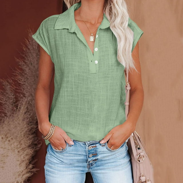 Sentmoon Womens Loose Fit Blouse V Neck Short Sleeve Tops Workout Button Basic Plus Size Womens Summer Tops 2025 Clearance Sales Today Deals Prime