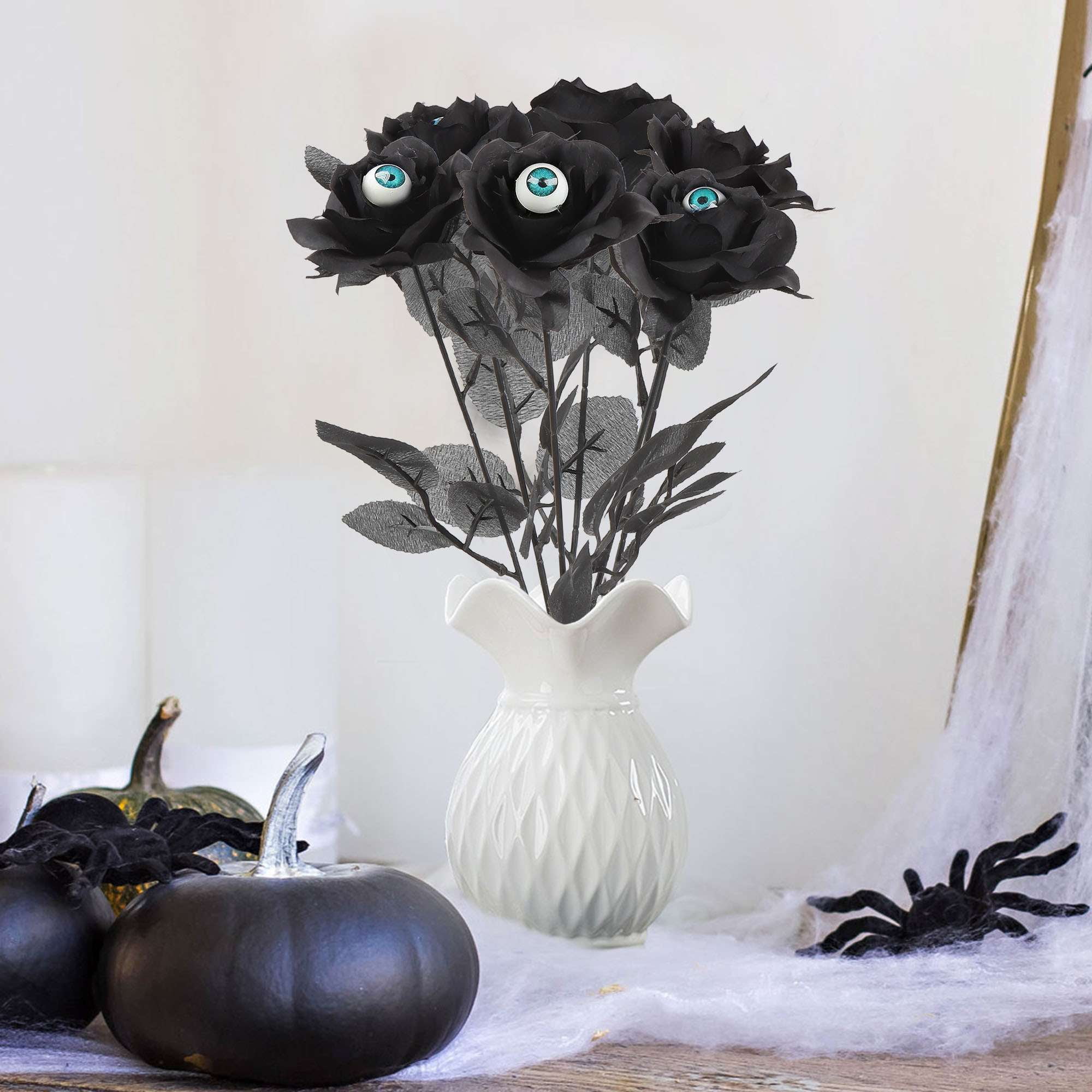 Spencer 8 Pcs Artificial Rose Flowers Black Silk Faux Roses with Plastic  Eyeball Flower Bouquet for Home Party Haunted House Decor Halloween