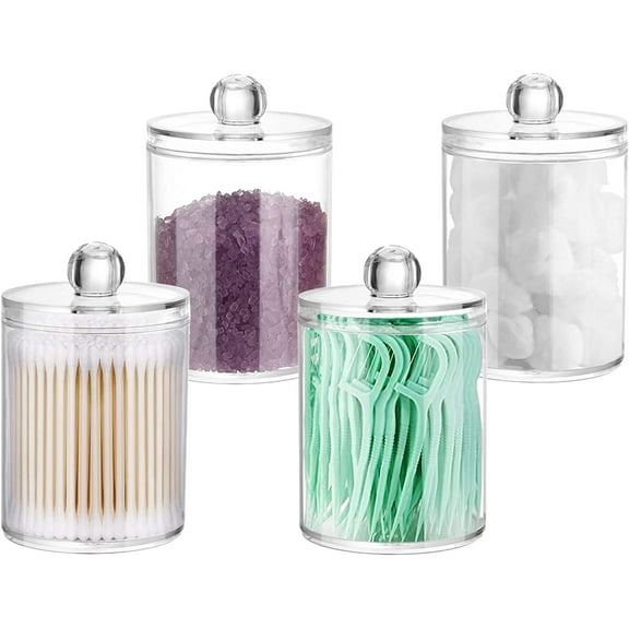 Coolmade 4 Pack Qtip Holder Storage Canister for Cotton Ball, Cotton Swab, Cotton Round Pads, Floss; 10-Ounce Clear Apothecary Jar with Lid, Bathroom Canister Storage Organization