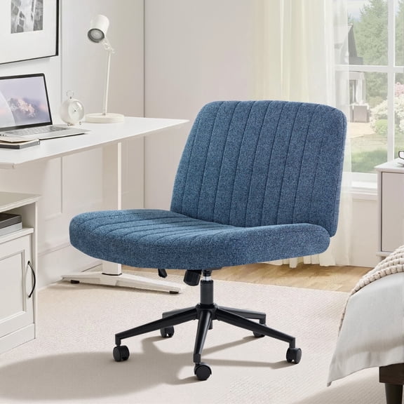 Office Chair Armless Criss Cross Legged Chair with Wheels, Comfy Home Office Desk Chairs, Adjustable Swivel Padded Fabric Vanity Task Computer Chair,Blue