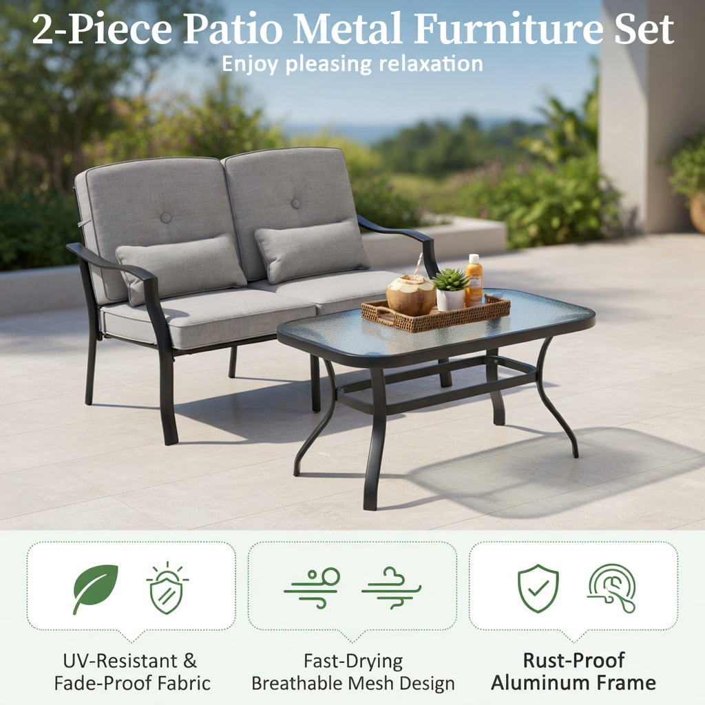 Hommoo Outdoor Loveseat Set with Tempered Glass Coffee Table, Metal Frame, Cushions, Heavy-Duty Patio Seating for Backyard, Poolside & Balcony, Gray