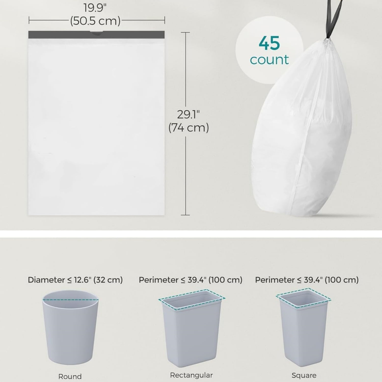 Trash Bags, Drawstring Kitchen Garbage Bags, for 8-Gallon (30 L) Trash Cans, 4 Rolls, 180 Count, White