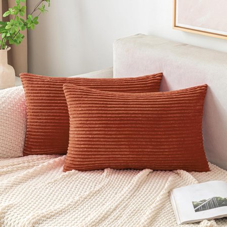 

EMEMA Fall Terracotta Throw Pillow Covers Corduroy Decorative Soft Striped Rectangle Cushion Covers Spring Pillowcases for Couch Sofa Bedroom Chair Car 16x16 Inch Set of 2