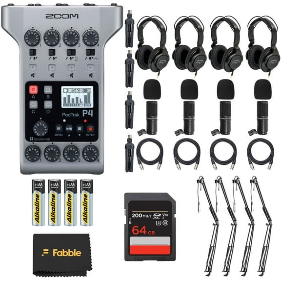 Zoom PodTrak P4 Multitrack Recorder bundle with a microphone kit, headphones, windscreen, tabletop mic stand, XLR cable, boom arm, 64GB microSD card, and premium AA batteries.