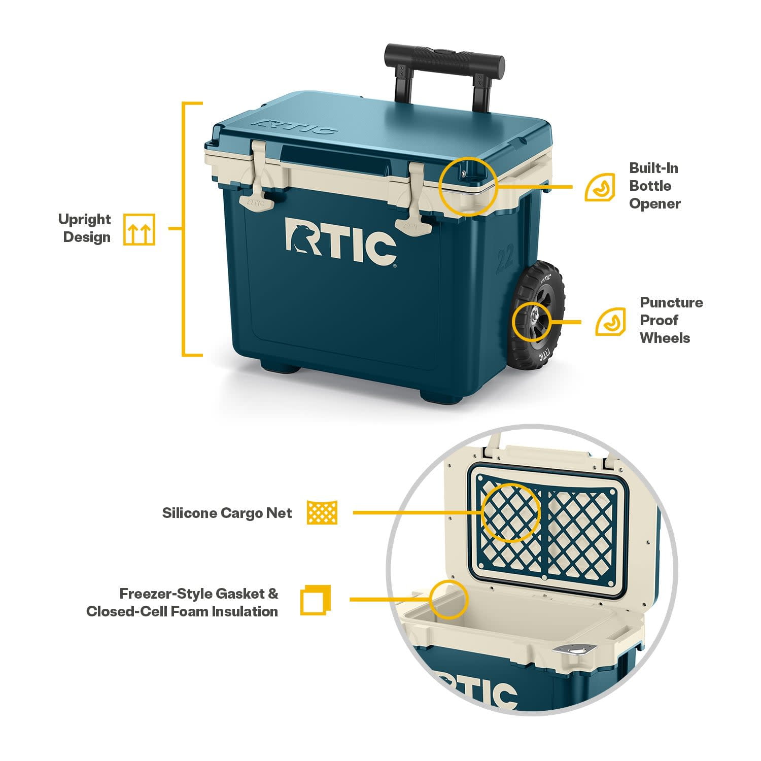 RTIC 22 QT Wheeled Hard-Sided Cooler, Fits 28 Cans or 6 Wine Bottles, Marine/Canvas