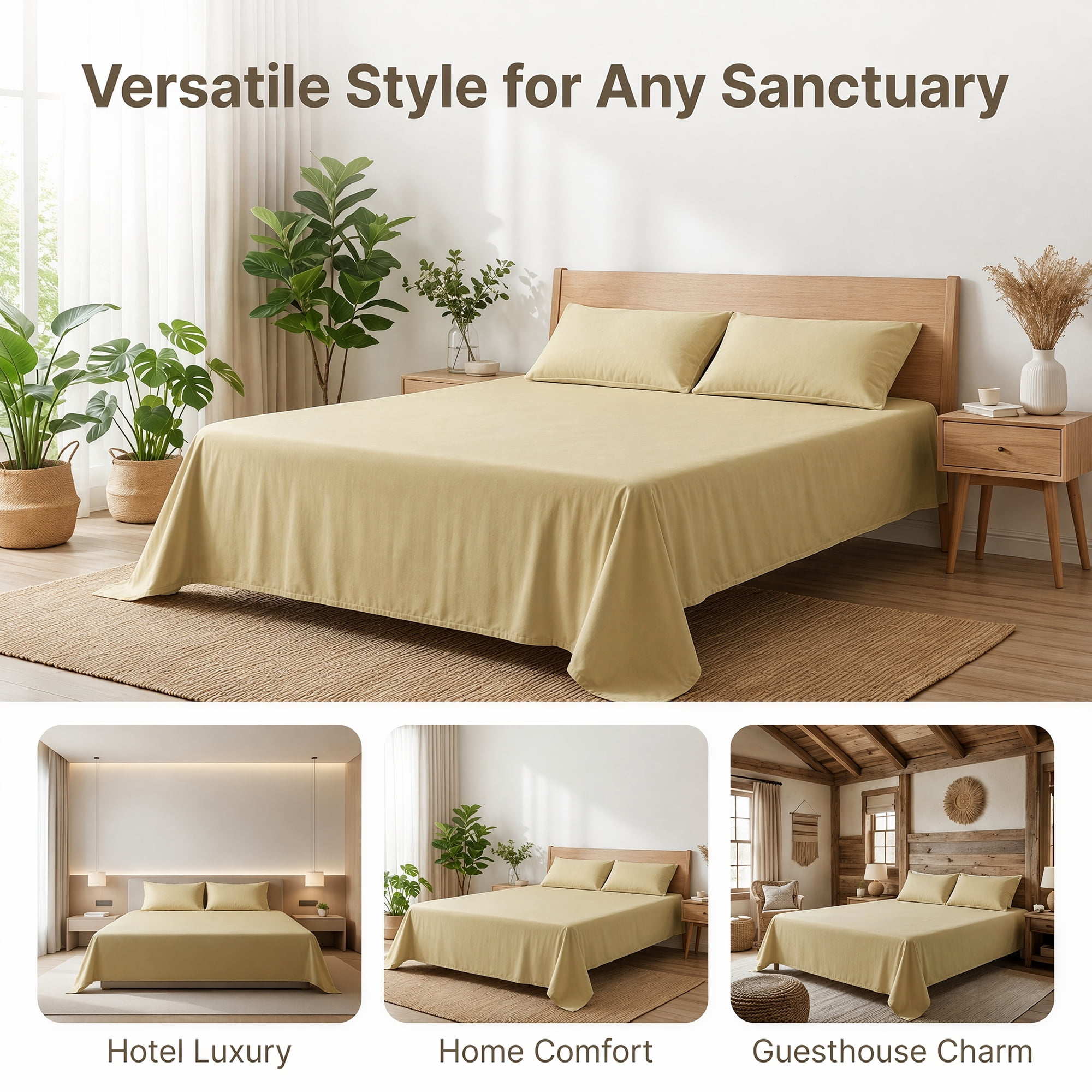 Unique Bargains Cotton Flat Sheet Soft and Cozy Bedding Essential Yellow 91"x96"