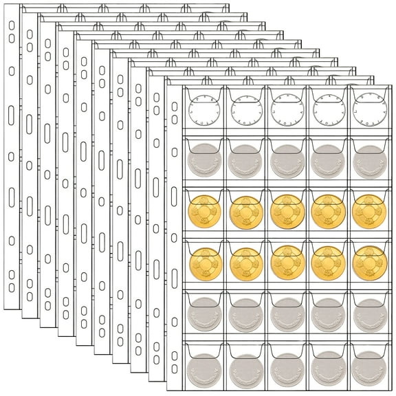 Coin Pocket Pages, 10-Page PVC Coin Collecting Binder Pages, Fits 9-Hole Binders, 30-Pocket Coin Holder Sheets, Protects Coins from Dust and Moisture