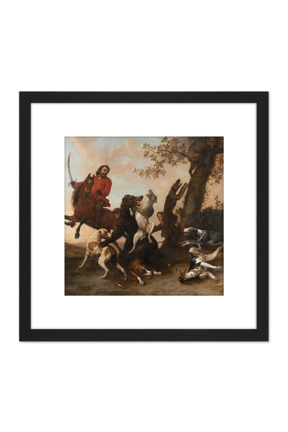 Paul Gabriel Bear Hunt With Dogs Scene Painting 8X8 Inch Square Wooden Framed Wall Art Print Picture with Mount