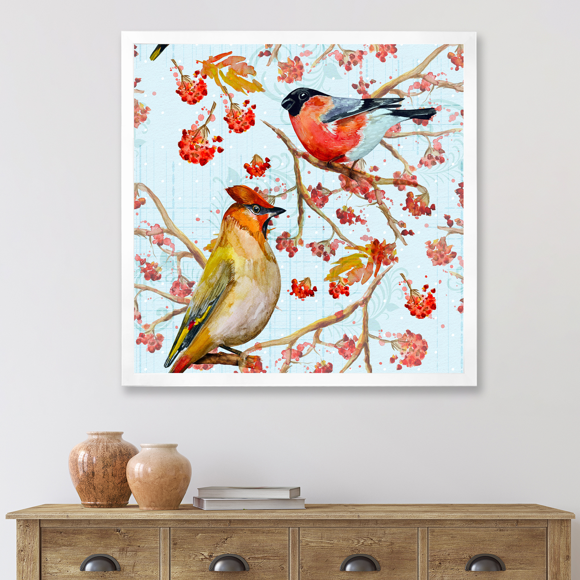 Designart 'Two Birds Sitting On Branches During Autumn' Traditional Framed Art Print