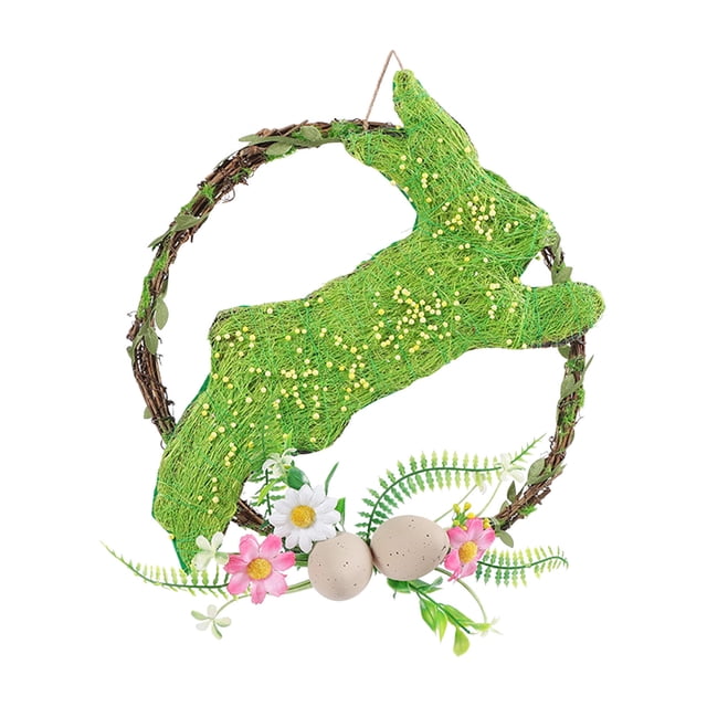 Easter Wreath Rattan Wooden Decorative Table Hanging Ornament, Artificial Flower Rabbits Door Hanger Indoor Decor, 9.84 Inch Spring Centerpiece