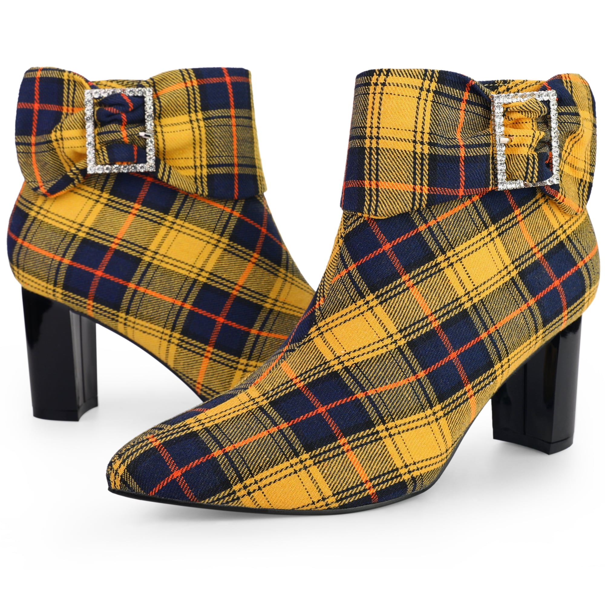 Unique Bargains Plaid Pointy Toe Bow Decor Zipper Chunky Heels Ankle Boots for Women Yellow 8