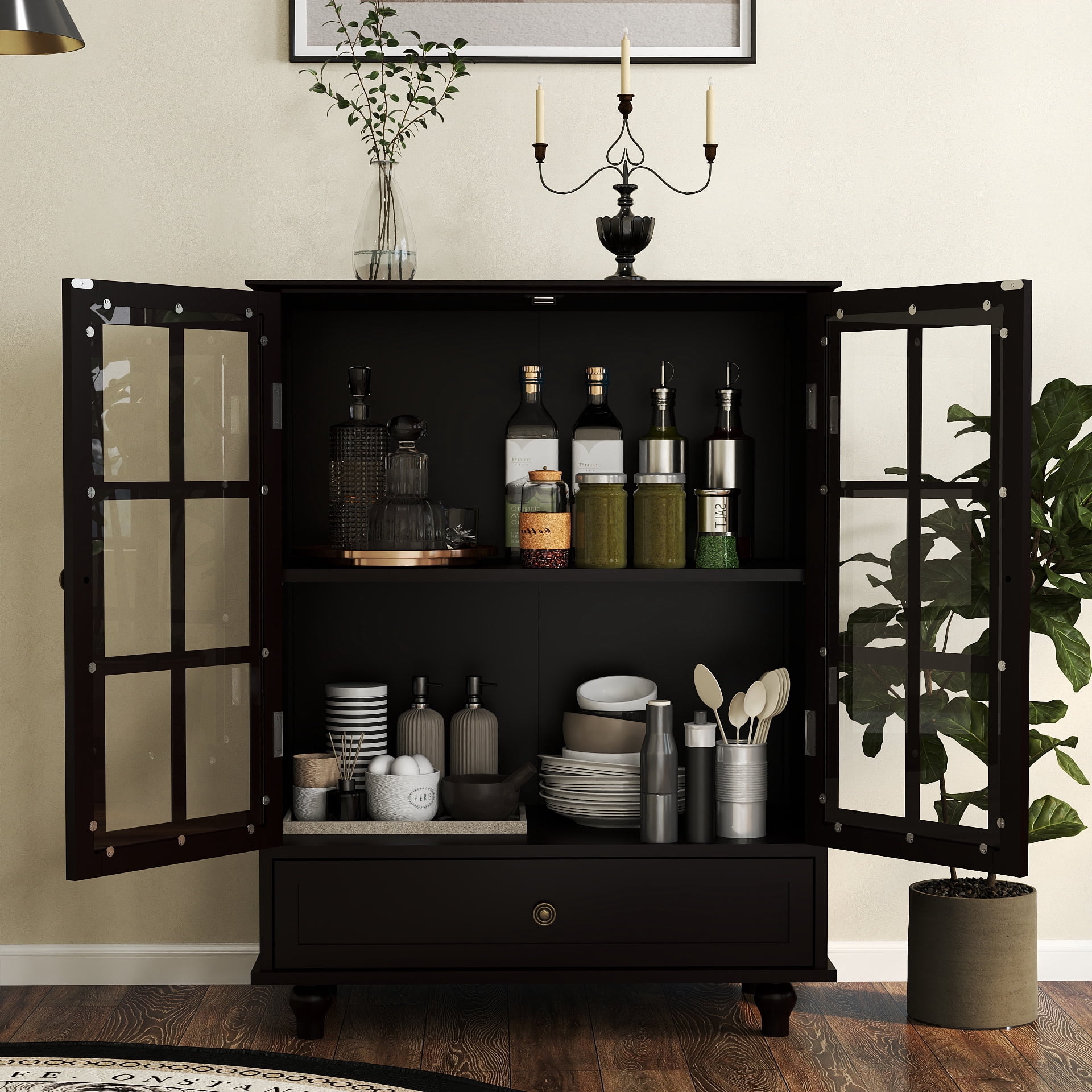 Aukfa Buffet Pantry Cabinet,2 Doors Wood Sideboard Storage Cabinet for Dining Room Hallway Entryway,Black