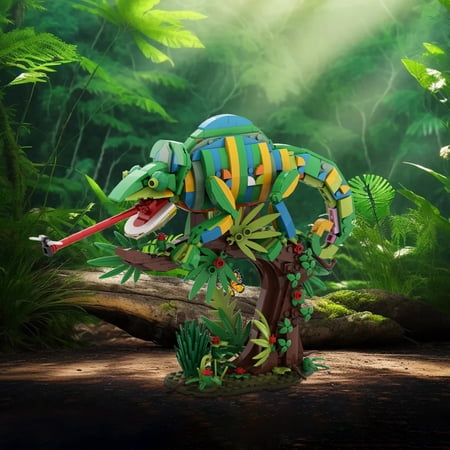 MOC Reptile Chameleon Building Blocks Set – Colorful Jungle Animal Model with Tree Diorama, Educational STEM Toy for Kids, Compatible with Major Brick Brands