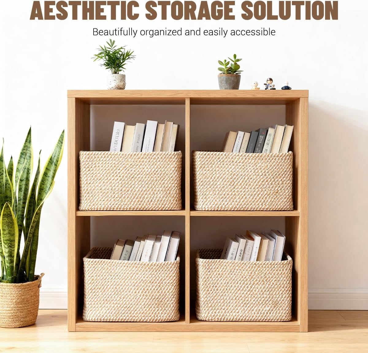 5-Pack Woven Shelf Storage Baskets, Cotton Rope Organizer Bins for Toys Books Clothes Closet Nursery Bathroom, Khaki and White