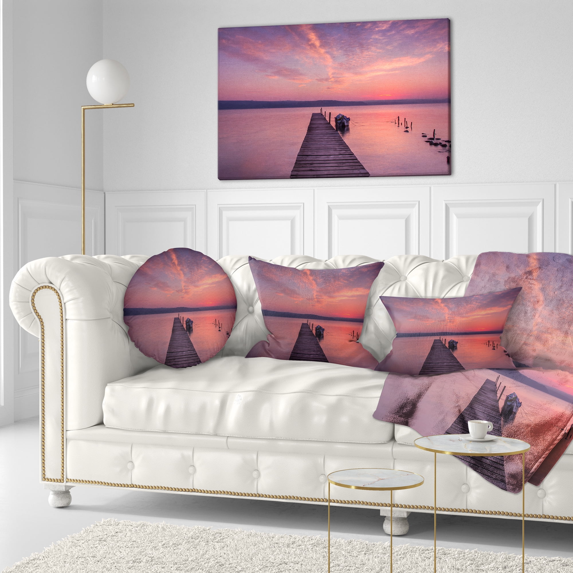 Designart Wooden Pier Under Red Sky - Seascape Throw Pillow - 12x20