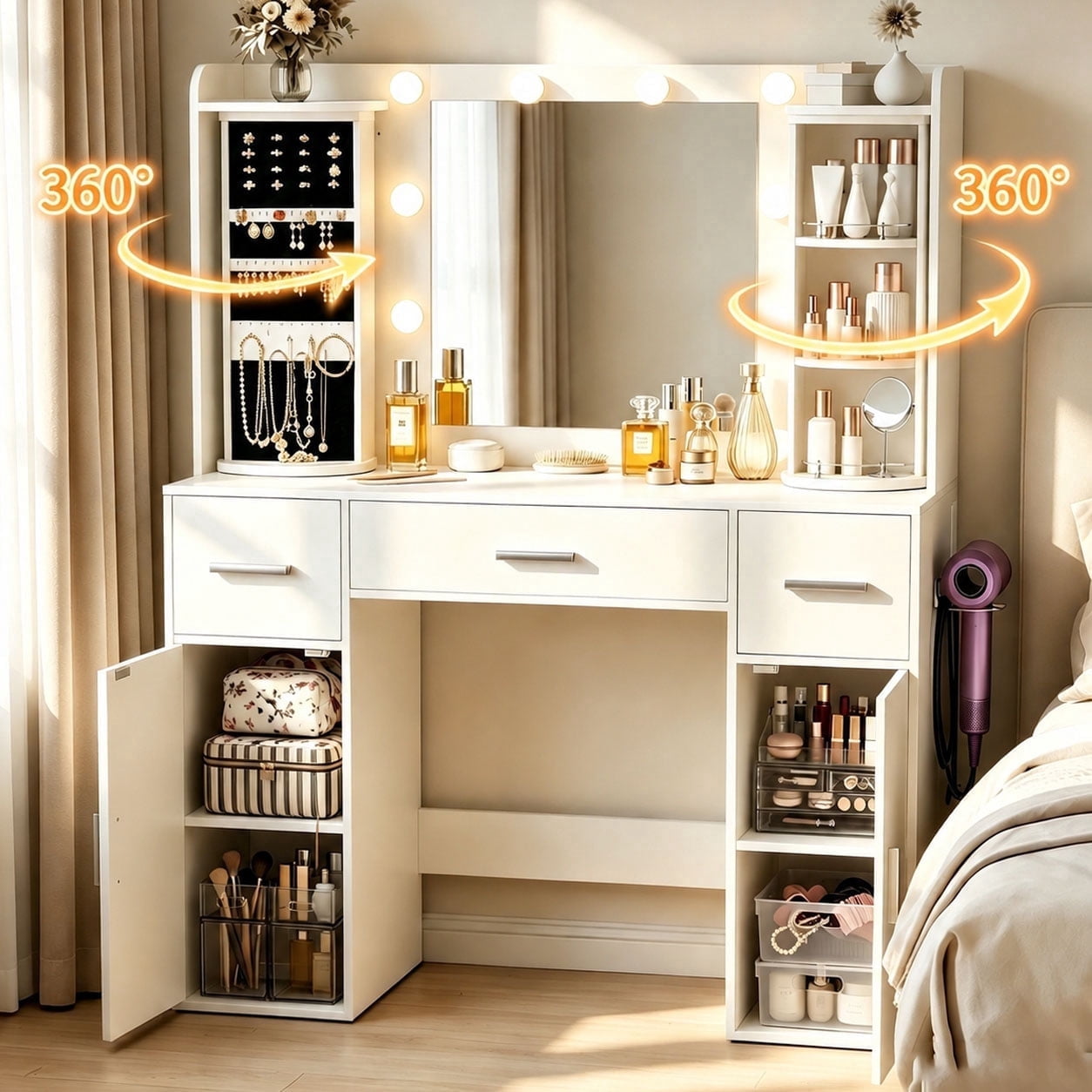 Amlancher 43.3" Makeup Vanity Desk with Lighted Mirror&Rotating Jewelry Organizer, Bedroom Dressing Table with Charging Station, White