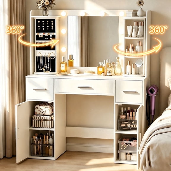 Amlancher 43.3" Makeup Vanity Desk with Lighted Mirror&Rotating Jewelry Organizer, Bedroom Dressing Table with Charging Station, White