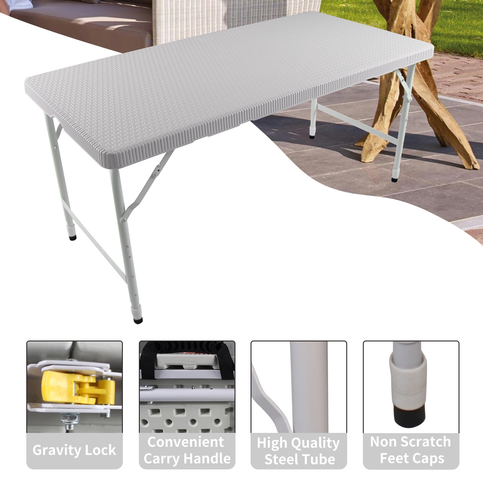 Hommoo 4FT Rattan Folding Table, Plastic Adjustable Portable Foldable Table, Camping Table for Indoor& Outdoor, White