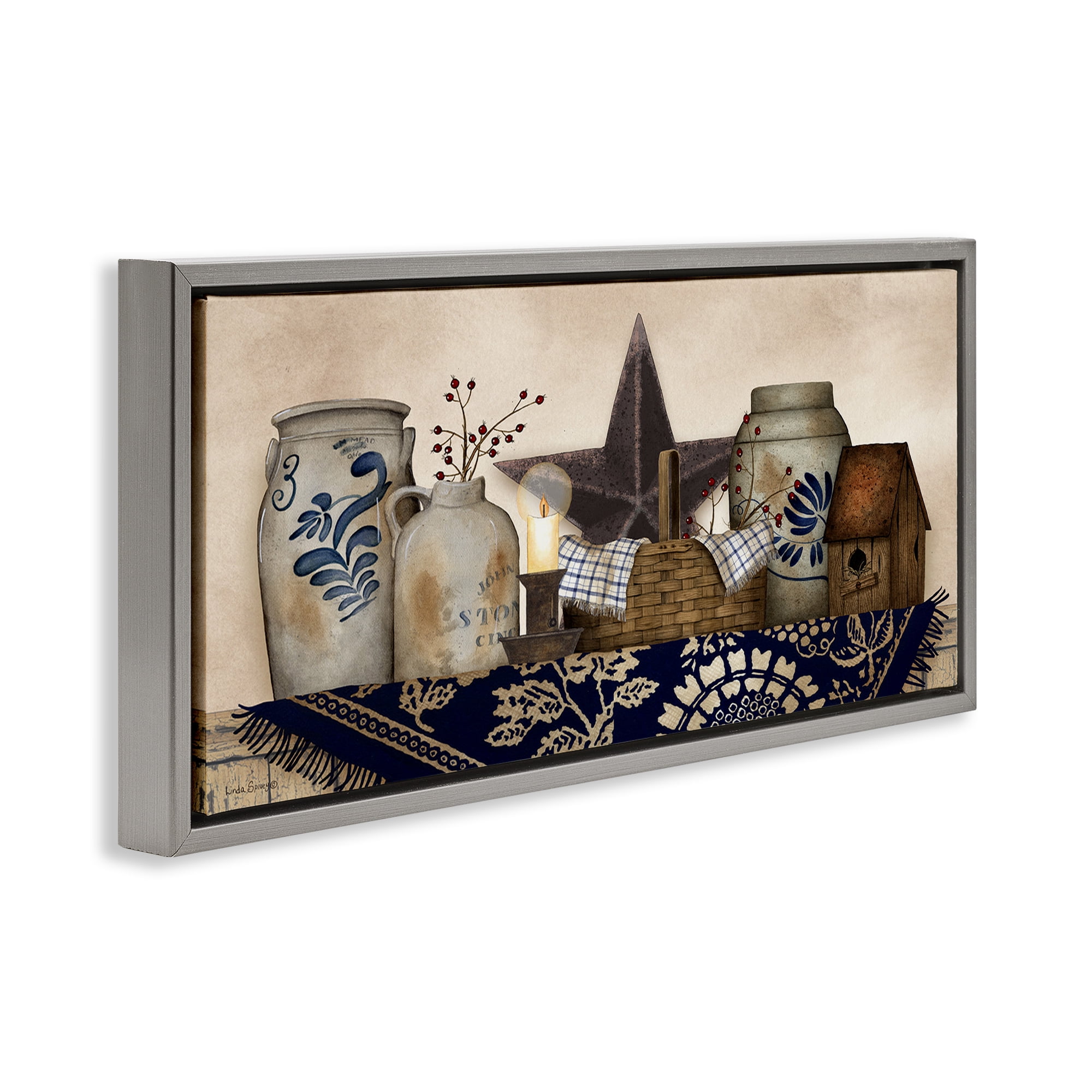 Stupell Industries Rustic Pottery Jars Botanical & Floral Painting Gray Floater Framed Canvas Art Print Wall Art, 31 x 14