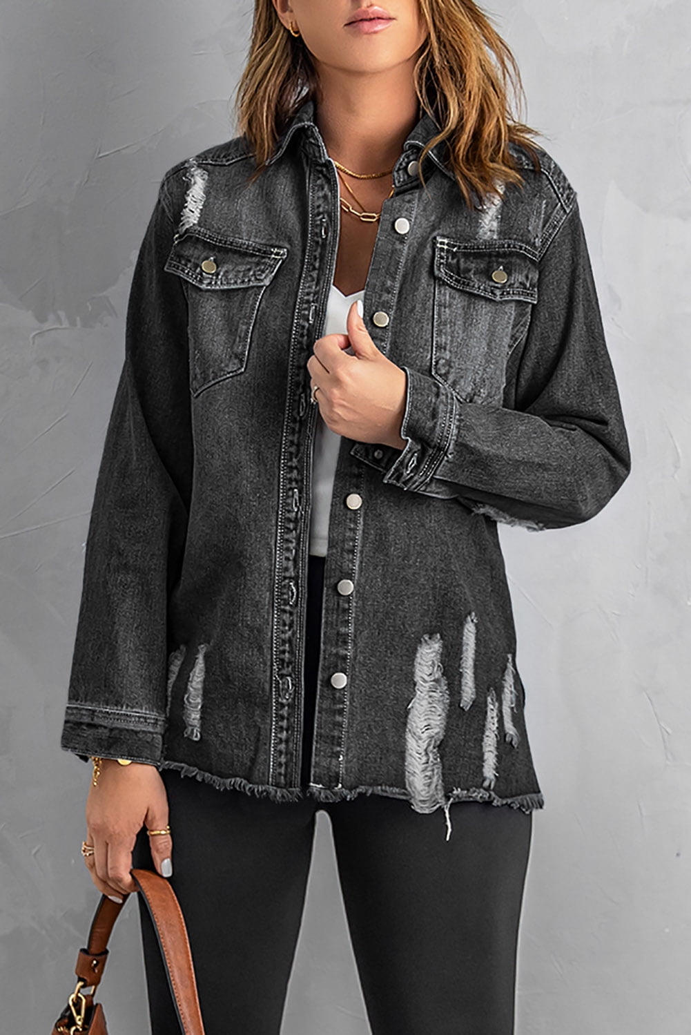 Women's Black Distressed Denim Jacket 