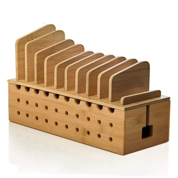 Prosumers Choice 10 Device Natural Bamboo Charging Station Rack with Cable Cord for All Devices