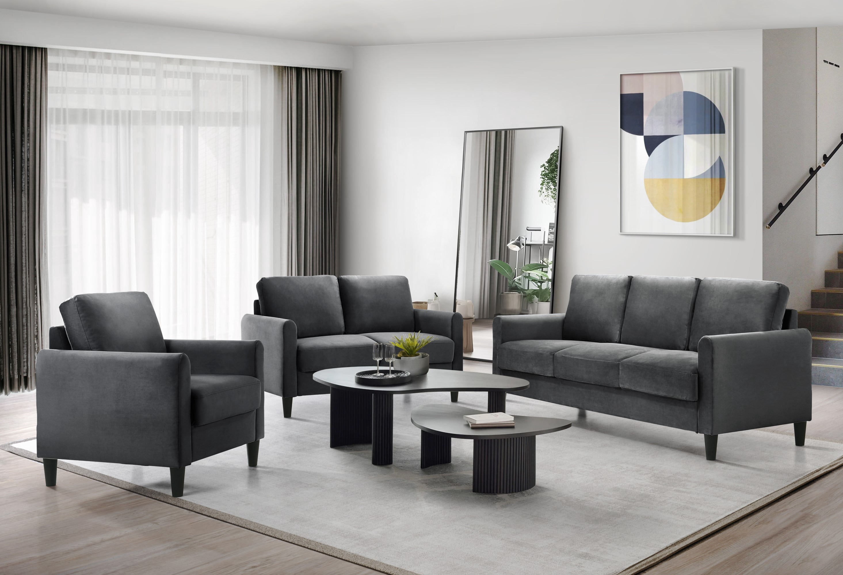 Home Design Airell Velvet Arm Chair with Plush Armrests and Sleek Black Legs, Modern Upholstered Design for Living Room, Dark Gray